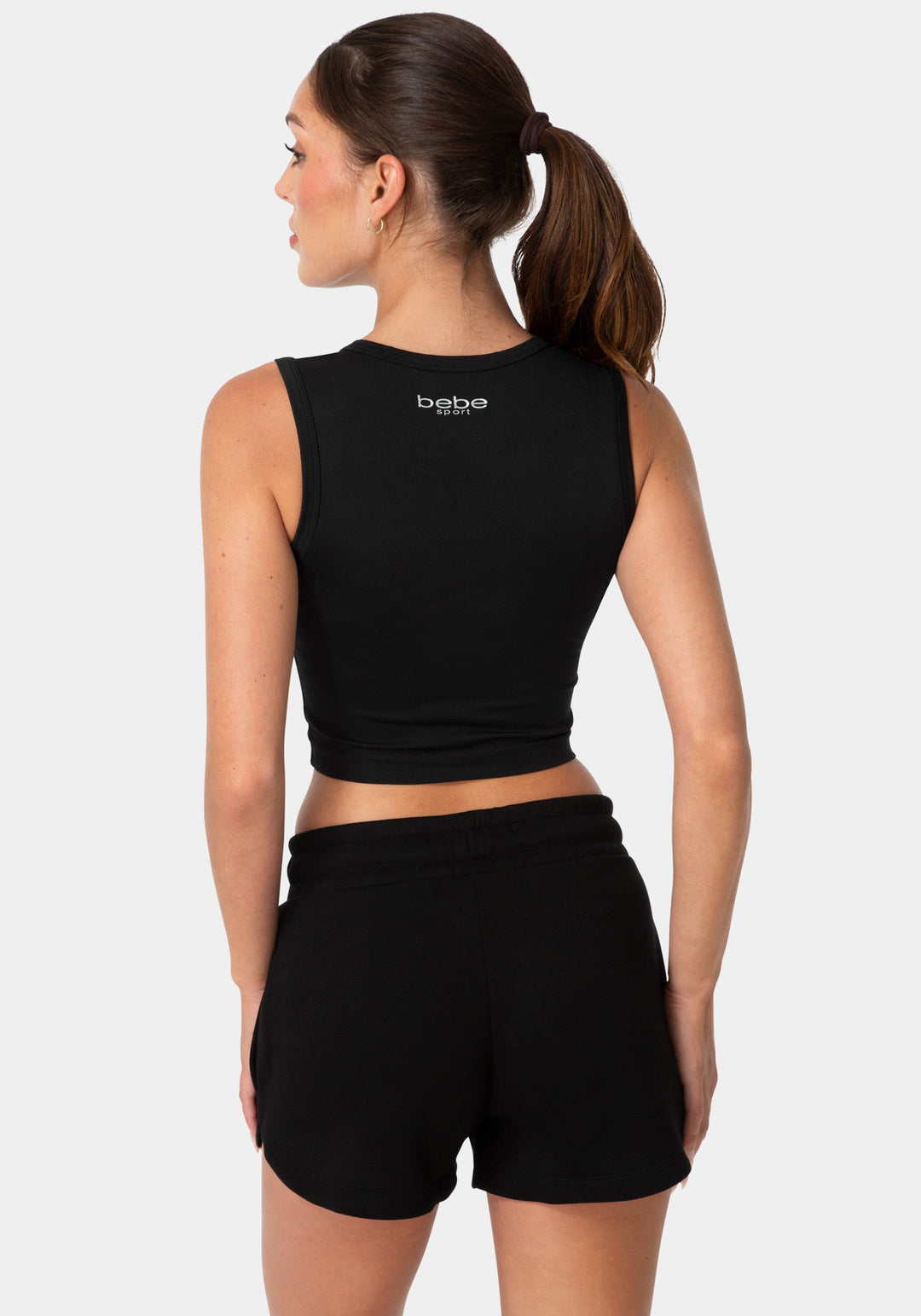 Back View-DOUBLE FRONT SEAMLESS CROPPED TANK WITH FOIL LOGO-BLACK