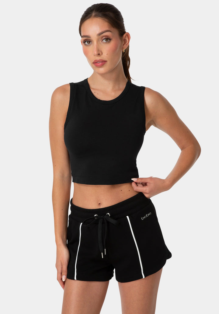 Front View-DOUBLE FRONT SEAMLESS CROPPED TANK WITH FOIL LOGO-BLACK