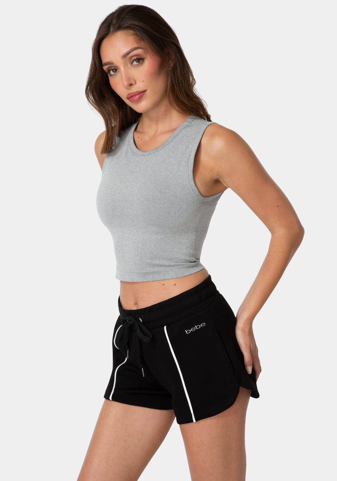 Side View-DOUBLE FRONT SEAMLESS CROPPED TANK WITH FOIL LOGO-HEATHER GREY