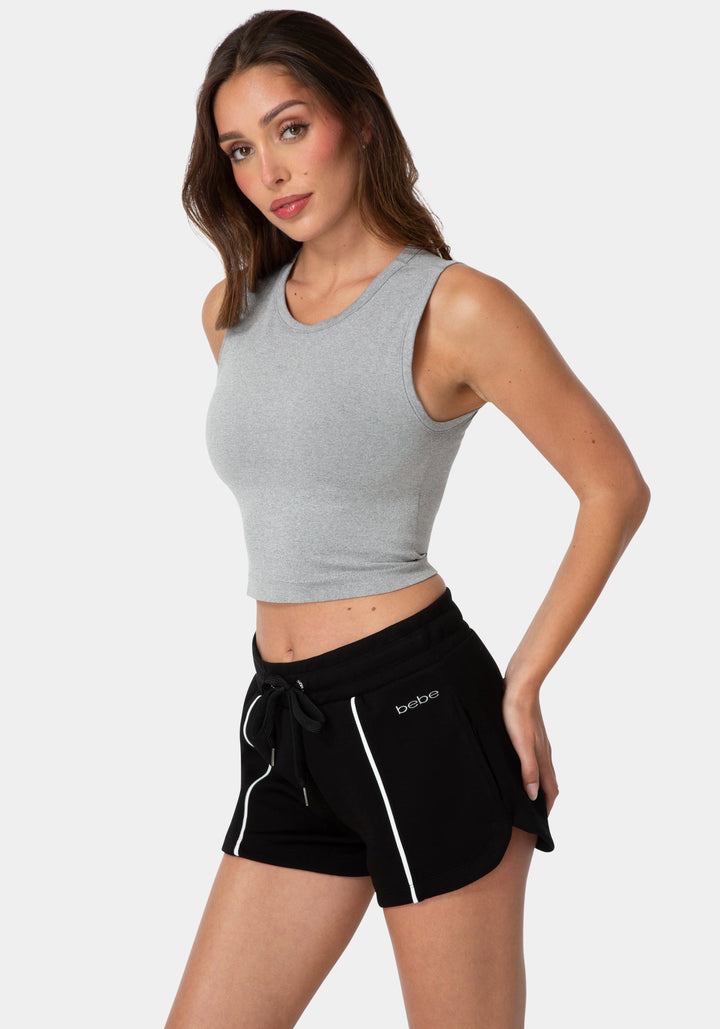 Side View-DOUBLE FRONT SEAMLESS CROPPED TANK WITH FOIL LOGO-HEATHER GREY