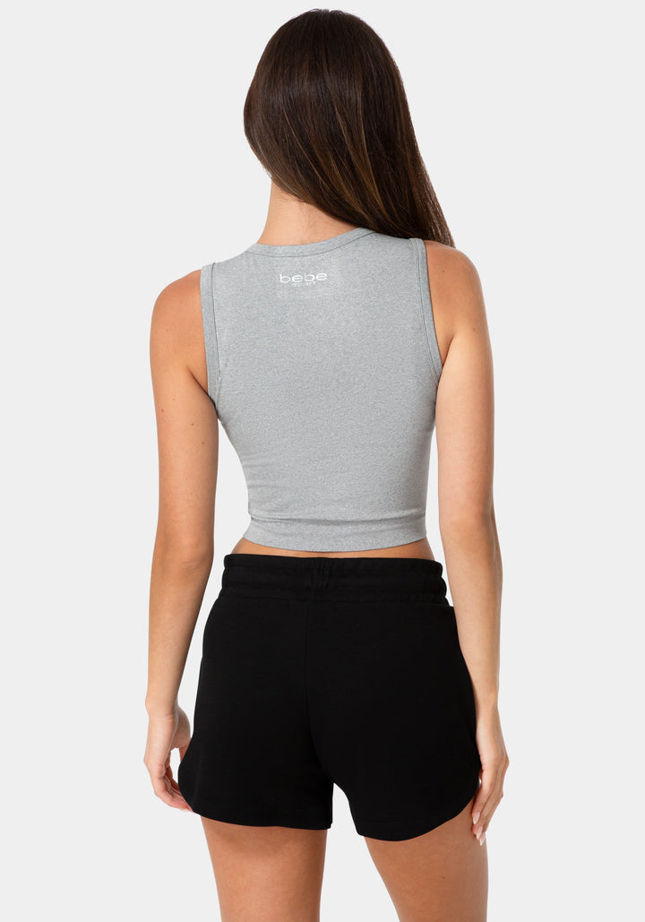 Back View-DOUBLE FRONT SEAMLESS CROPPED TANK WITH FOIL LOGO-HEATHER GREY
