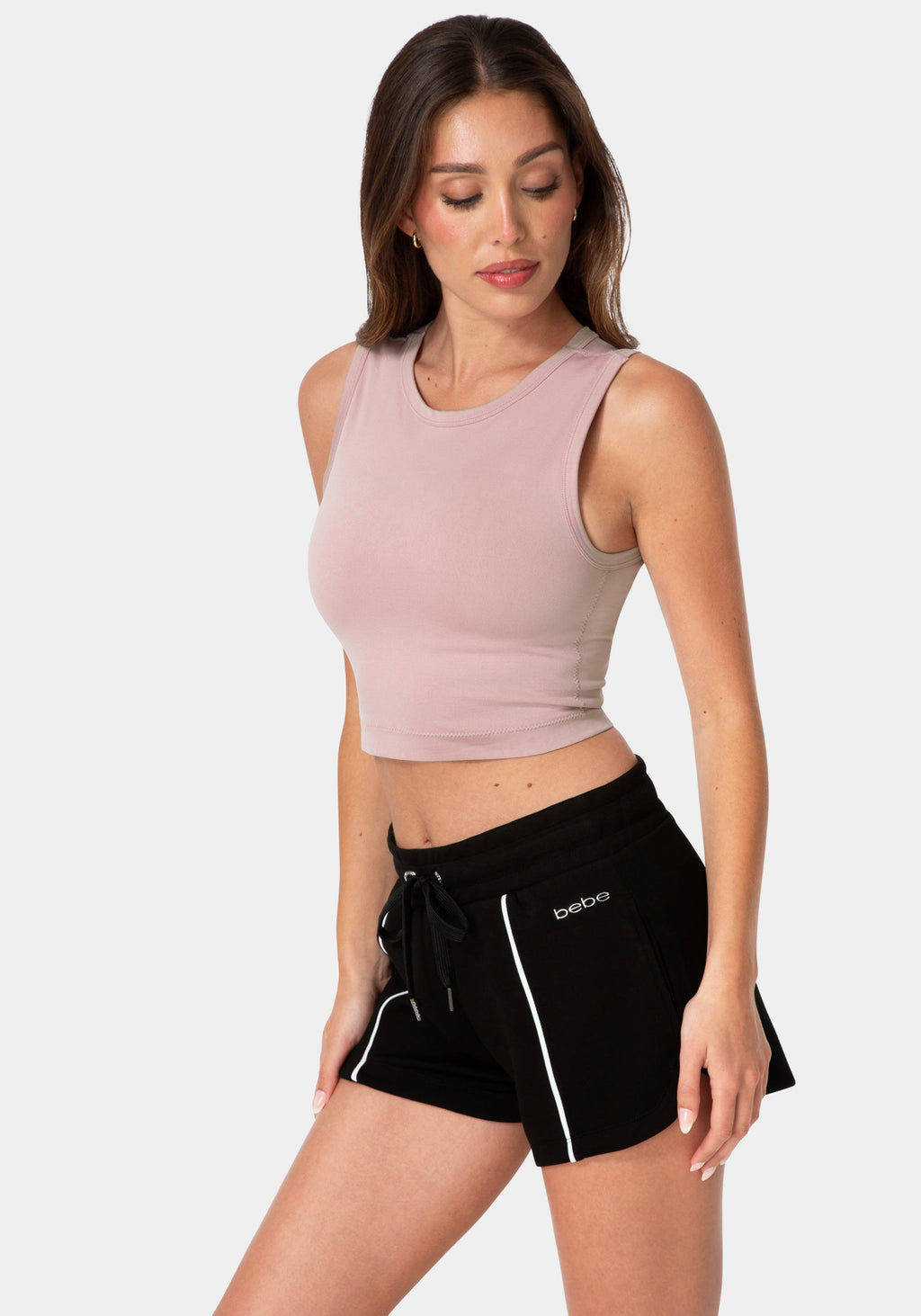Side View-DOUBLE FRONT SEAMLESS CROPPED TANK WITH FOIL LOGO-MAUVE SHADOW