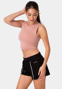 Side View-DOUBLE FRONT SEAMLESS CROPPED TANK WITH FOIL LOGO-ROSE DUST