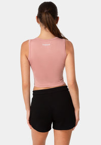 Back View-DOUBLE FRONT SEAMLESS CROPPED TANK WITH FOIL LOGO-ROSE DUST