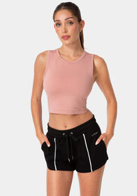 Front View-DOUBLE FRONT SEAMLESS CROPPED TANK WITH FOIL LOGO-ROSE DUST
