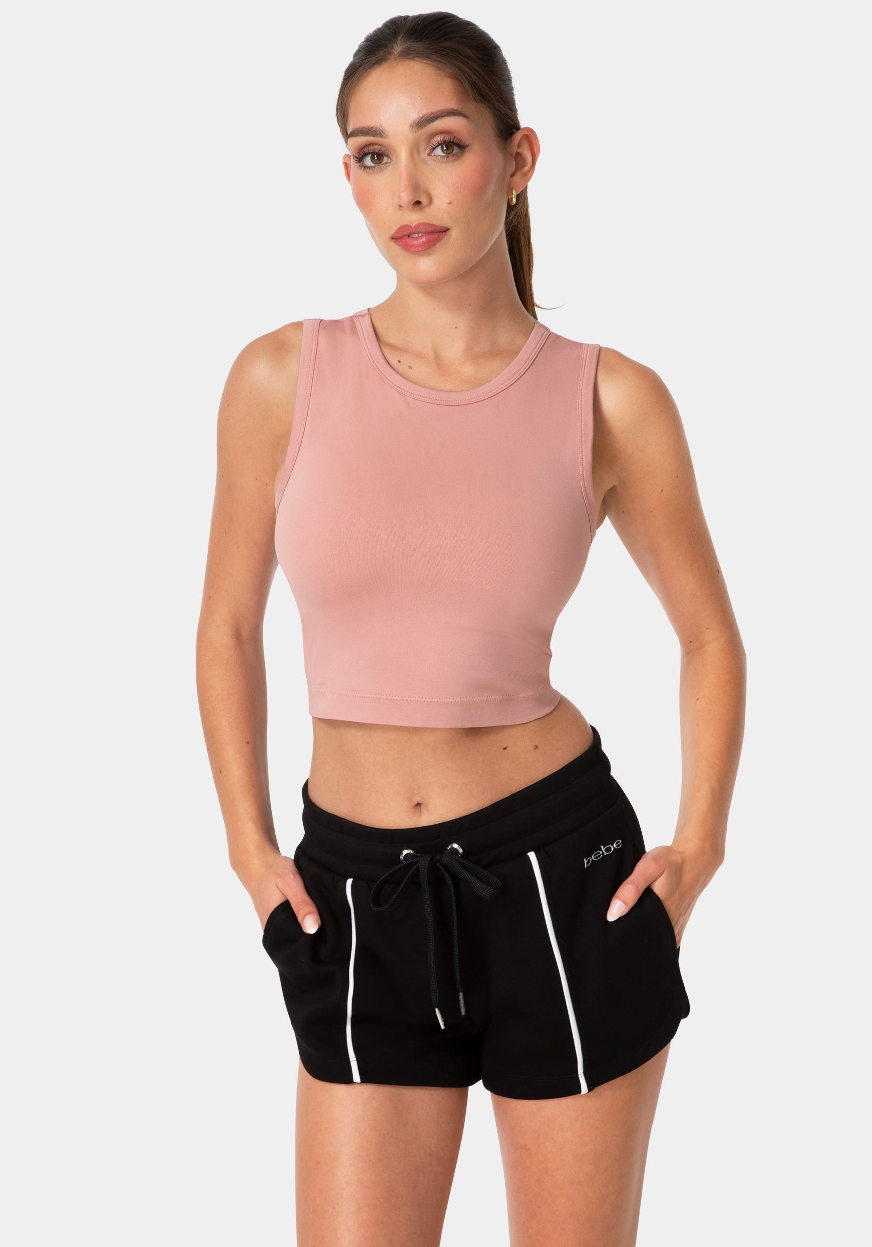 Front View-DOUBLE FRONT SEAMLESS CROPPED TANK WITH FOIL LOGO-ROSE DUST