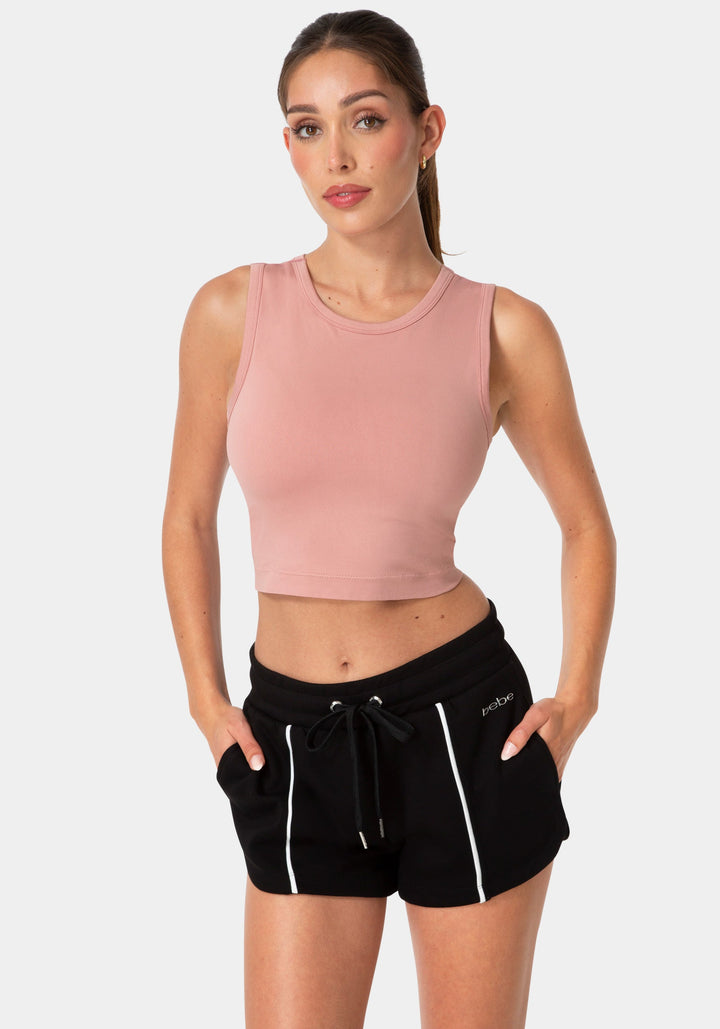 Front View-DOUBLE FRONT SEAMLESS CROPPED TANK WITH FOIL LOGO-ROSE DUST
