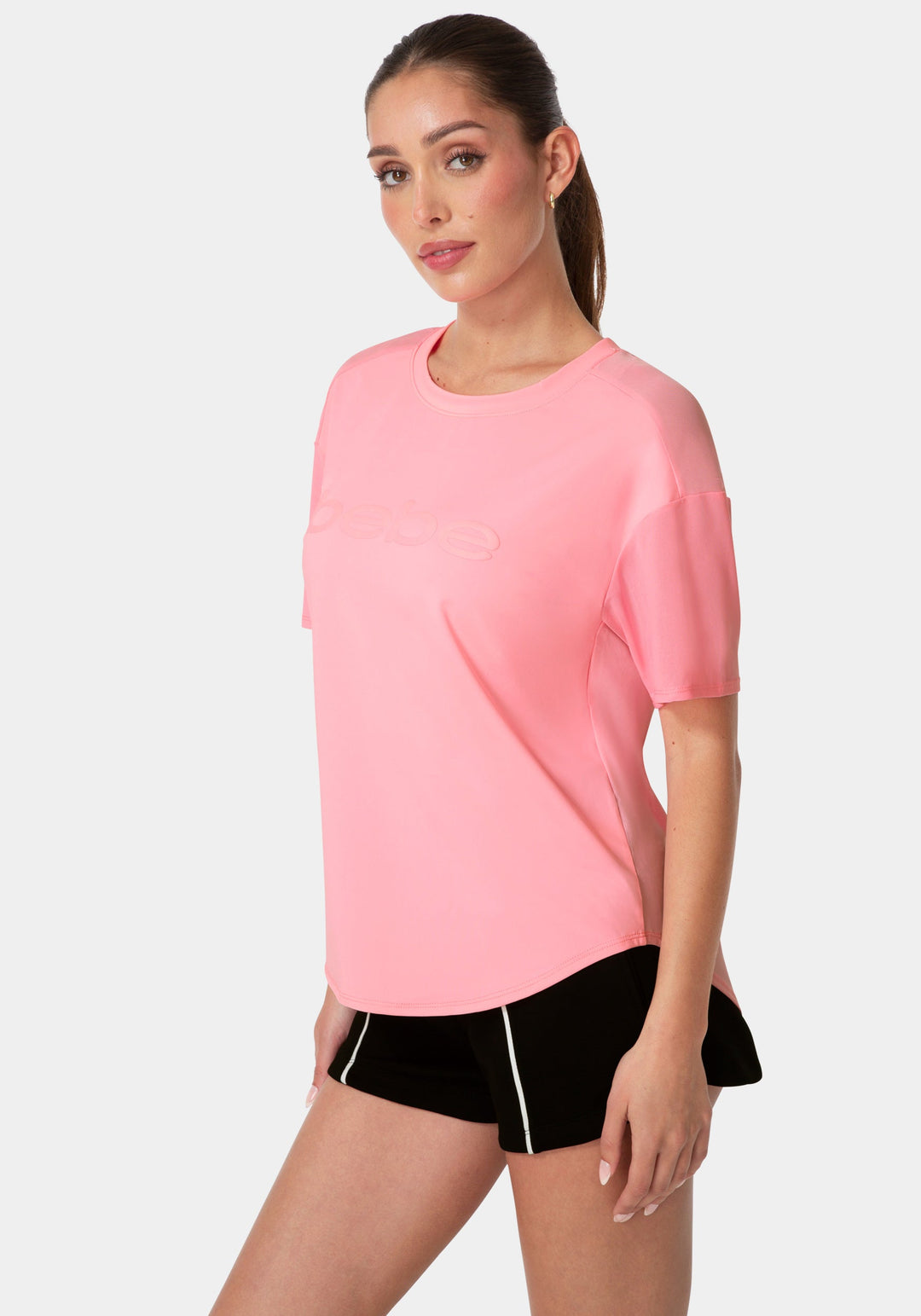 Side View-CURVED HEM TEE W PUFF PAINT LOGO-COTTON CANDY PINK