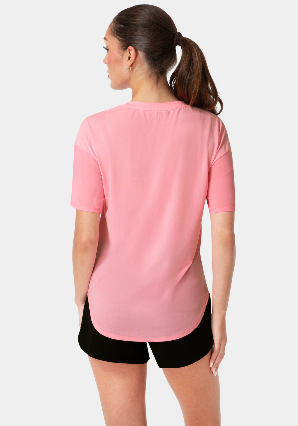 Back View-CURVED HEM TEE W PUFF PAINT LOGO-COTTON CANDY PINK