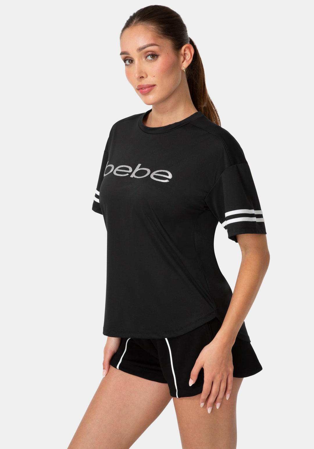 Side View-Curved Hem Active Top With Glitter Logo-BLACK