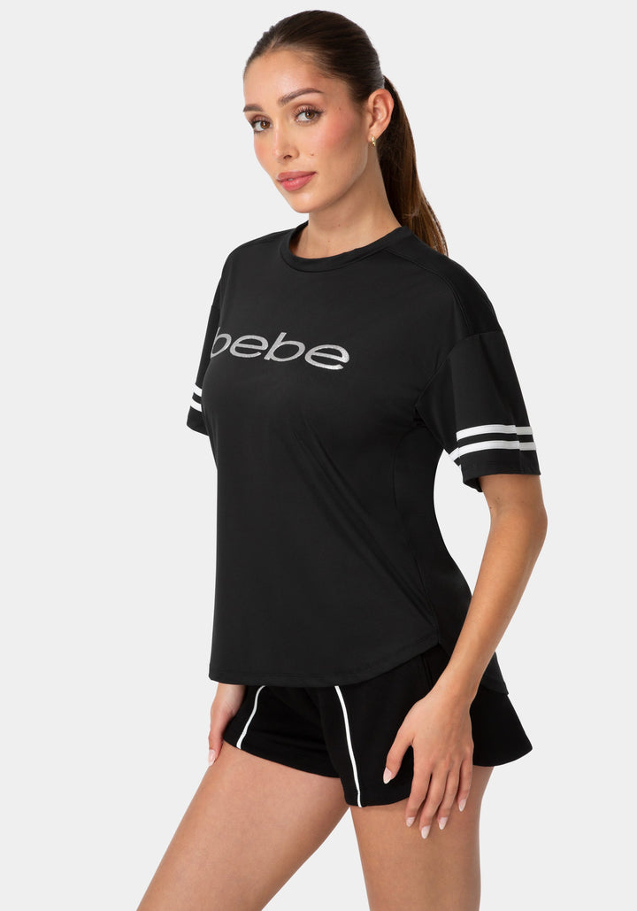 Side View-Curved Hem Active Top With Glitter Logo-BLACK