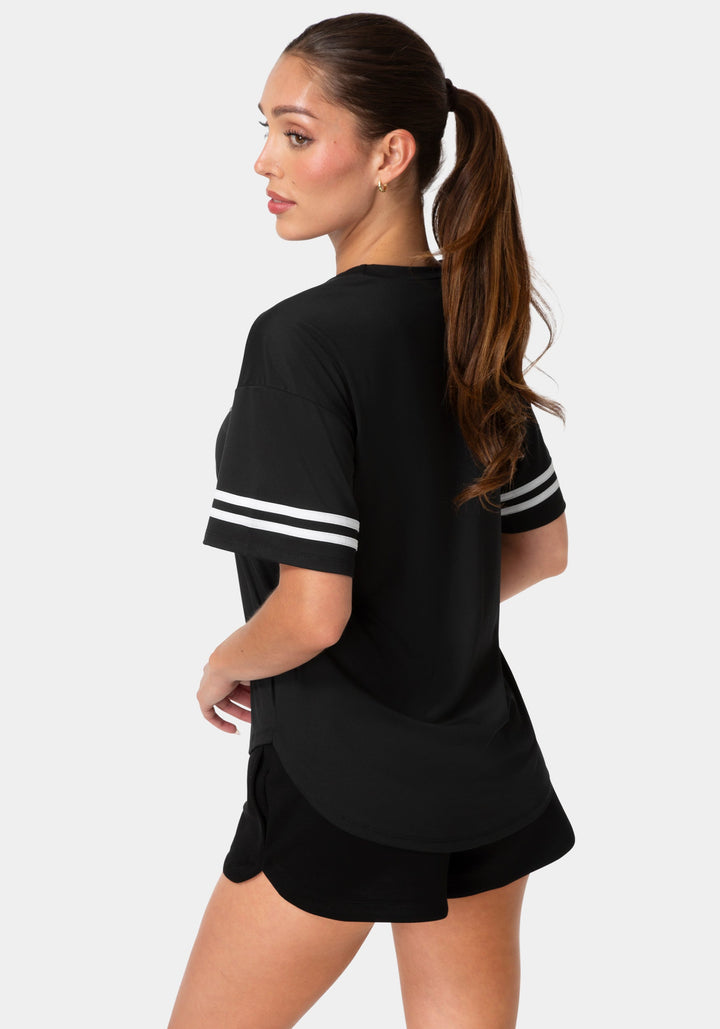 Back View-Curved Hem Active Top With Glitter Logo-BLACK