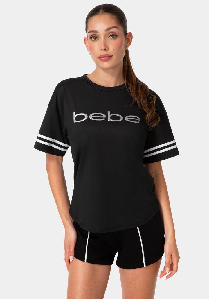 Front View-Curved Hem Active Top With Glitter Logo-BLACK