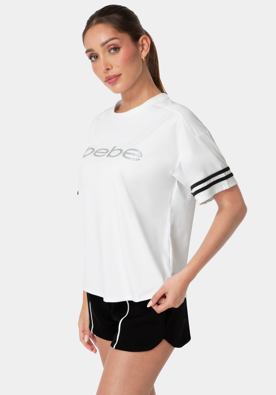 Side View-Curved Hem Active Top With Glitter Logo-WHITE