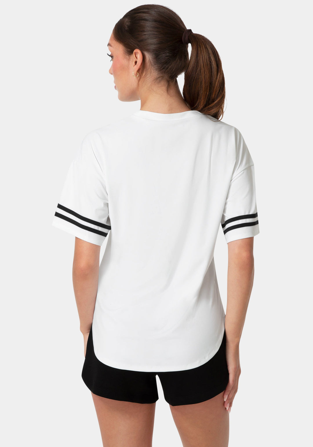 Back View-Curved Hem Active Top With Glitter Logo-WHITE