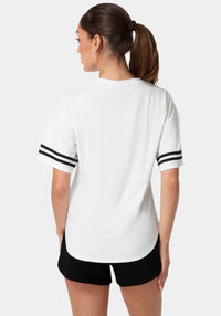 Back View-Curved Hem Active Top With Glitter Logo-WHITE