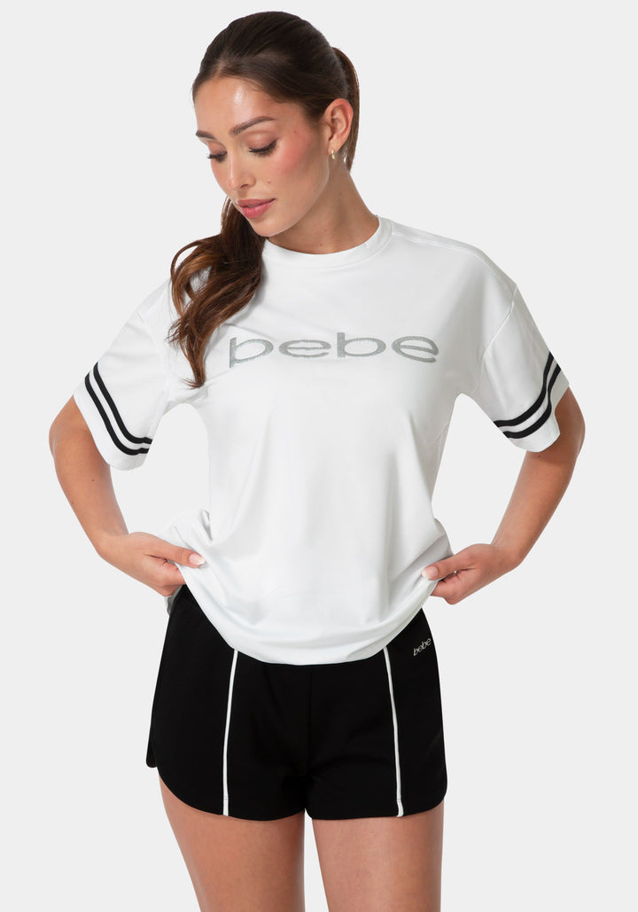 Front View-Curved Hem Active Top With Glitter Logo-WHITE
