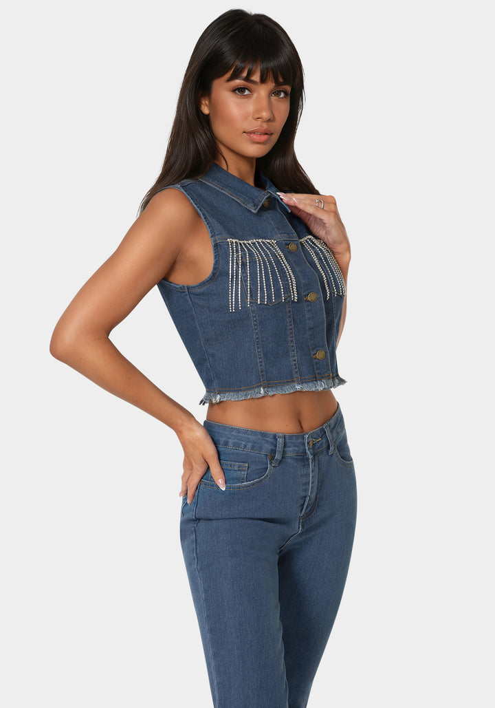 Side View-The Cropped Trucker Vest-Medium Wash