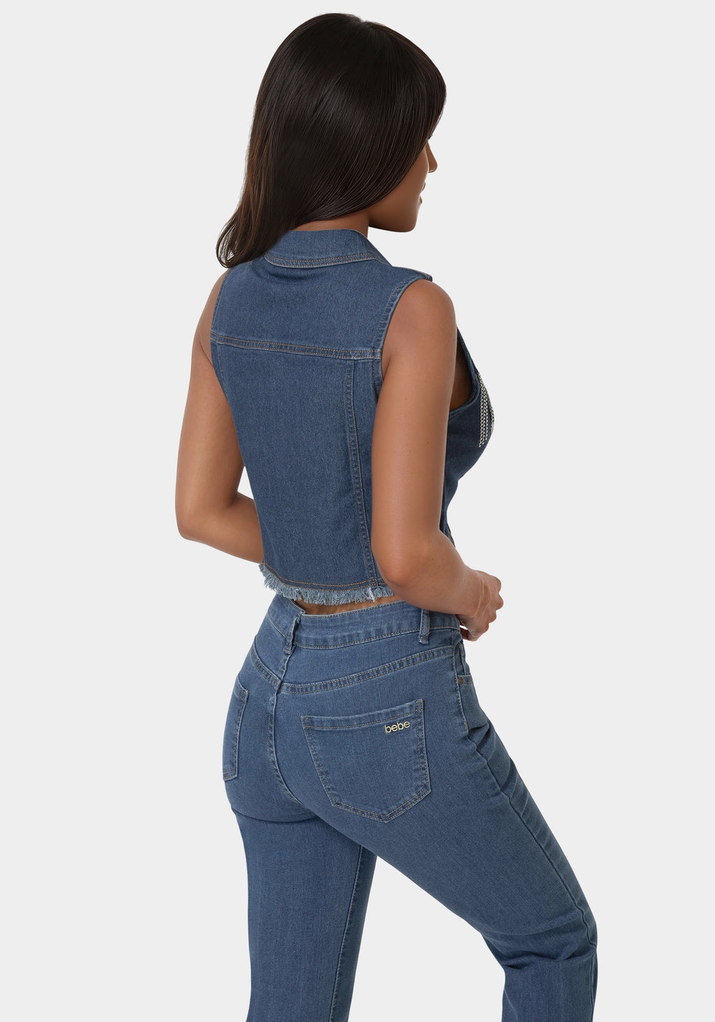 Back View-The Cropped Trucker Vest-Medium Wash