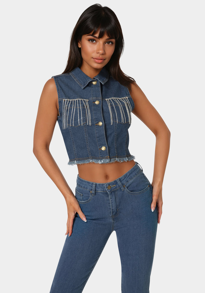 Front View-The Cropped Trucker Vest-Medium Wash