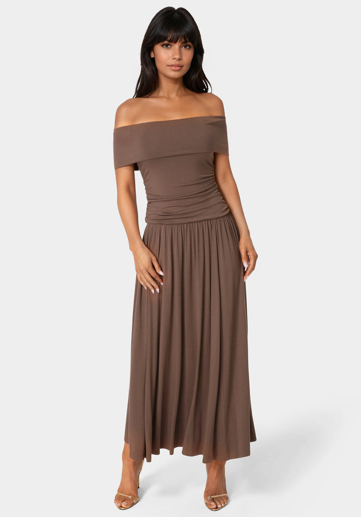 Front View-Off the Shoulder Drop Waist Maxi Dress-Chocolate