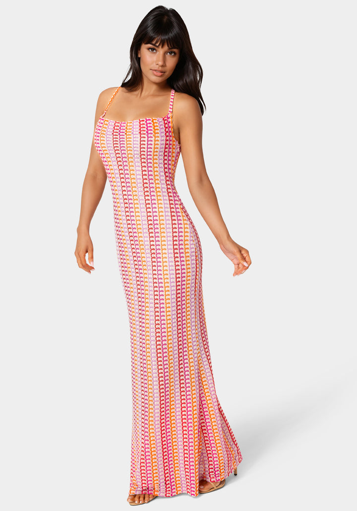 Side View-Printed Bodycon Maxi Dress-White Multi