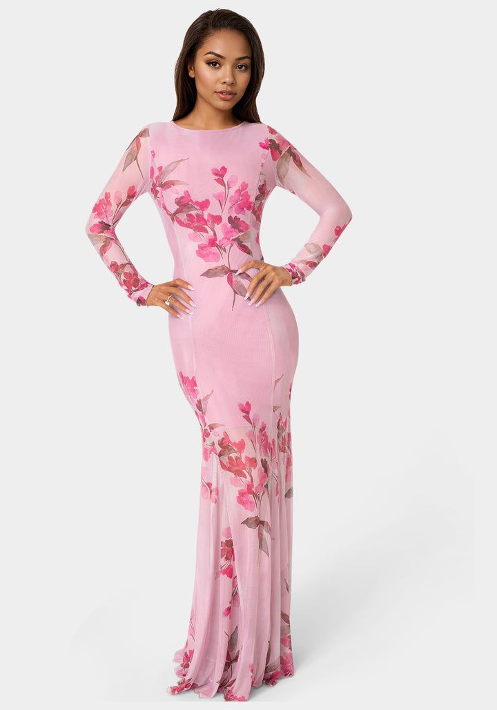 Front View-Long Sleeve Powermesh Dress-PINK MULTI