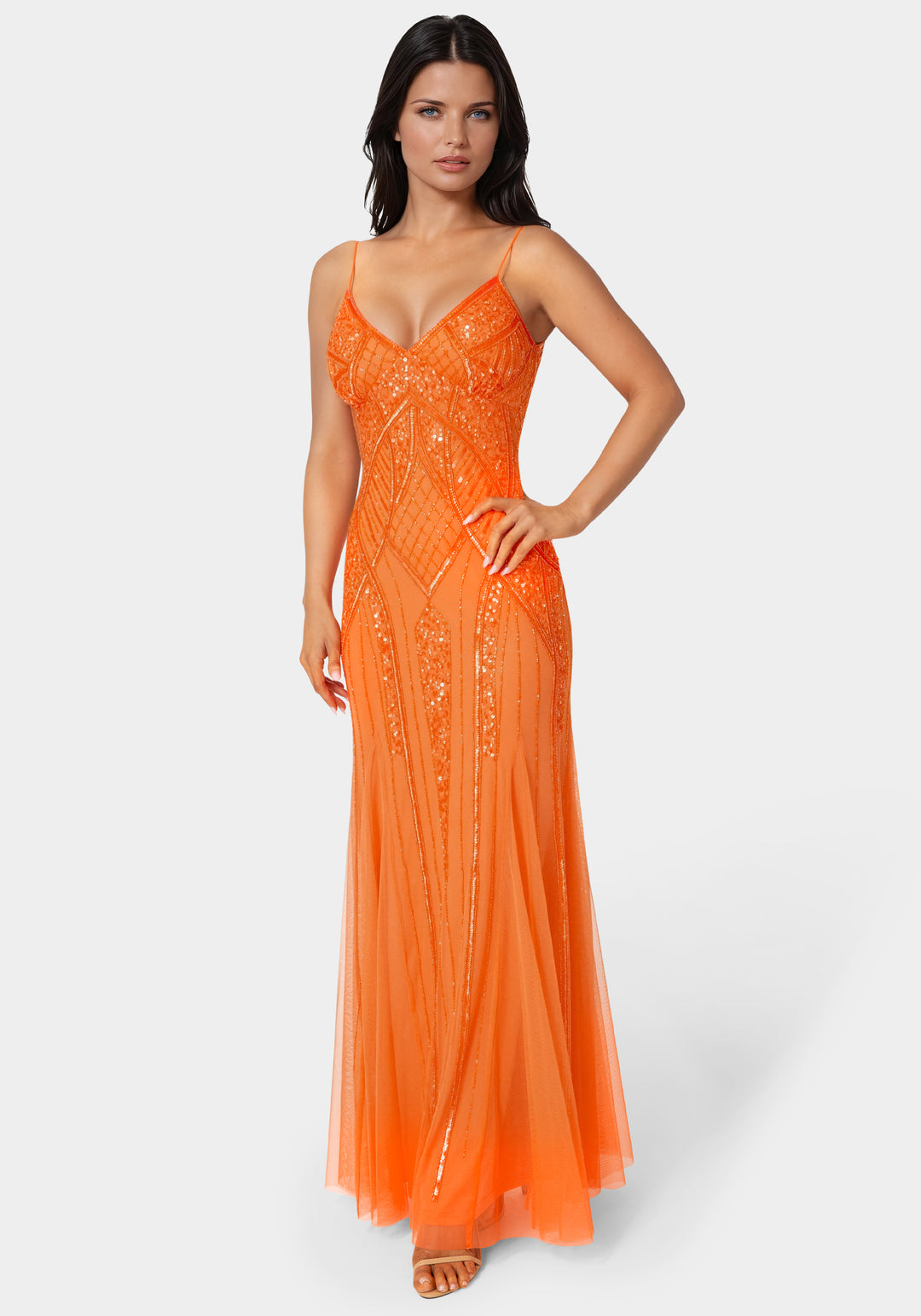 Bebe Women's Beaded Gown, Size Small in Tangerine Polyester Bebe Women's Beaded Gown, Size Small in Tangerine Polyester