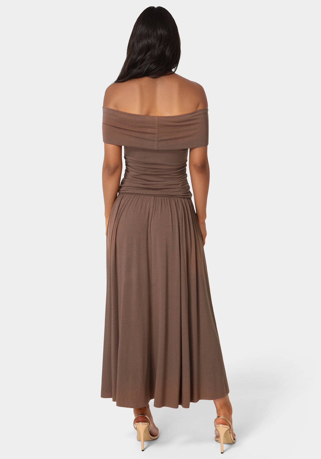 Back View-Off the Shoulder Drop Waist Maxi Dress-Chocolate