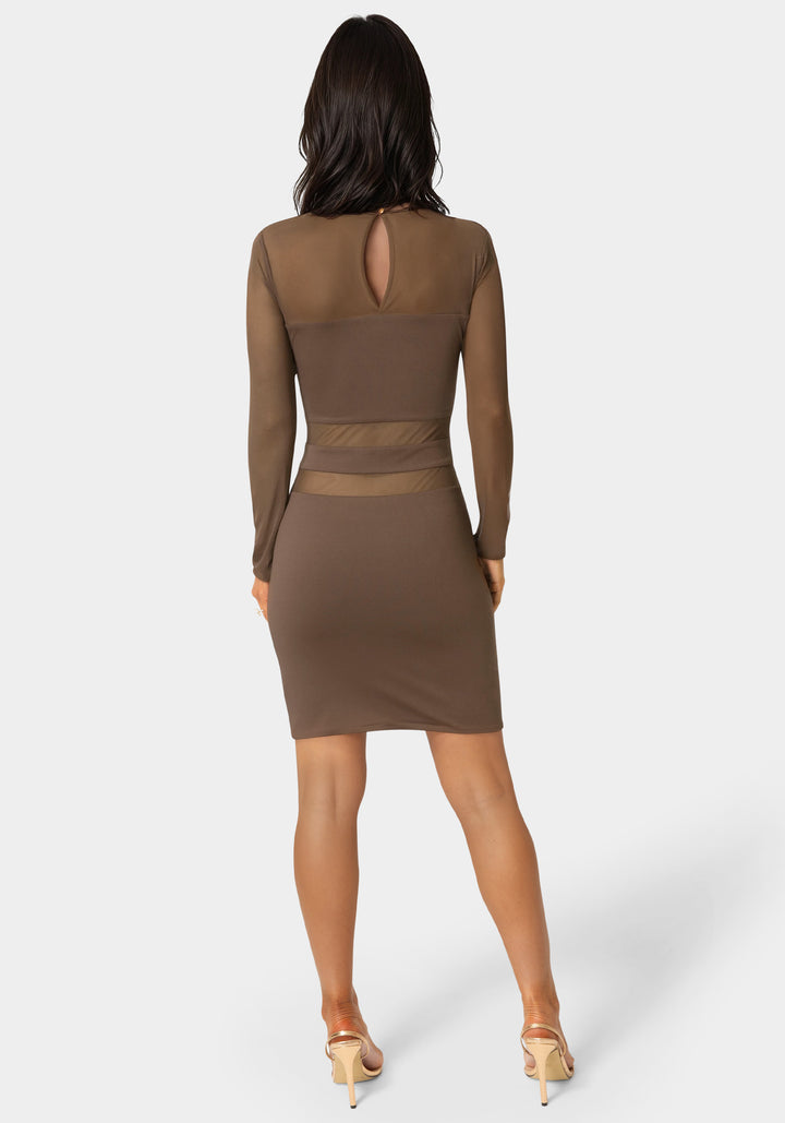 Back View-Illusion Mesh Mini Dress-Chocolate