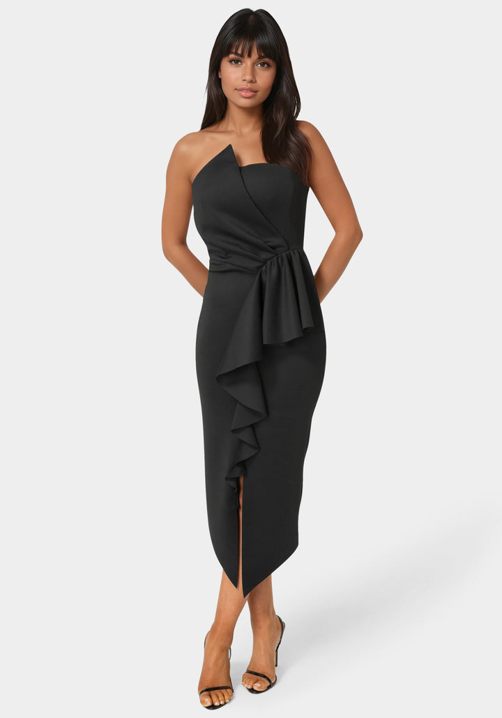 Front View-Strapless Cascade Midi Dress-Black