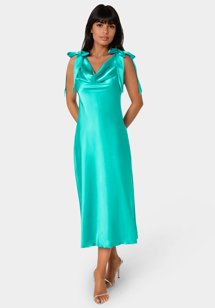Front View-Bow Strap Satin Midi Dress-EMERALD