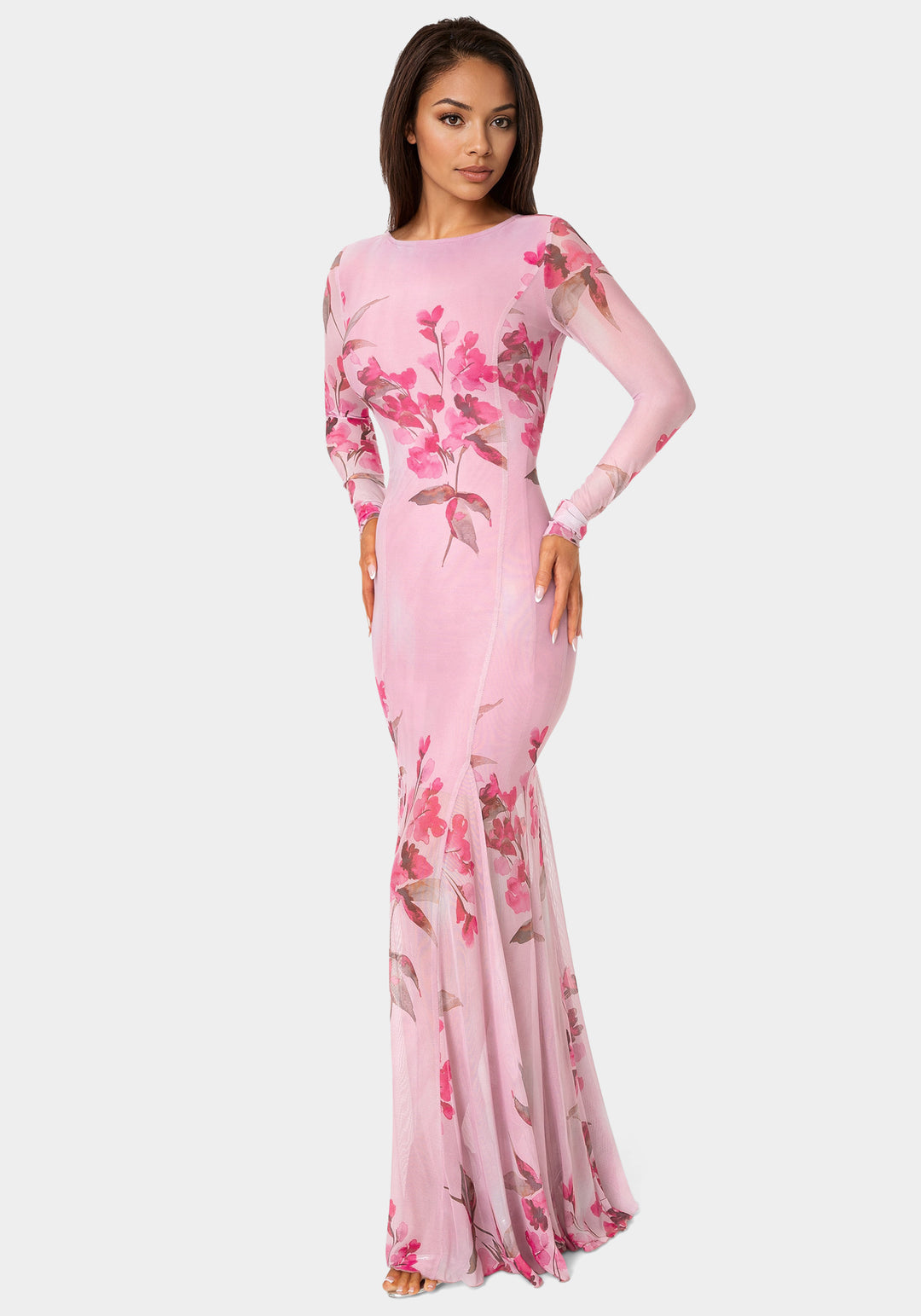 Side View-Long Sleeve Powermesh Dress-PINK MULTI