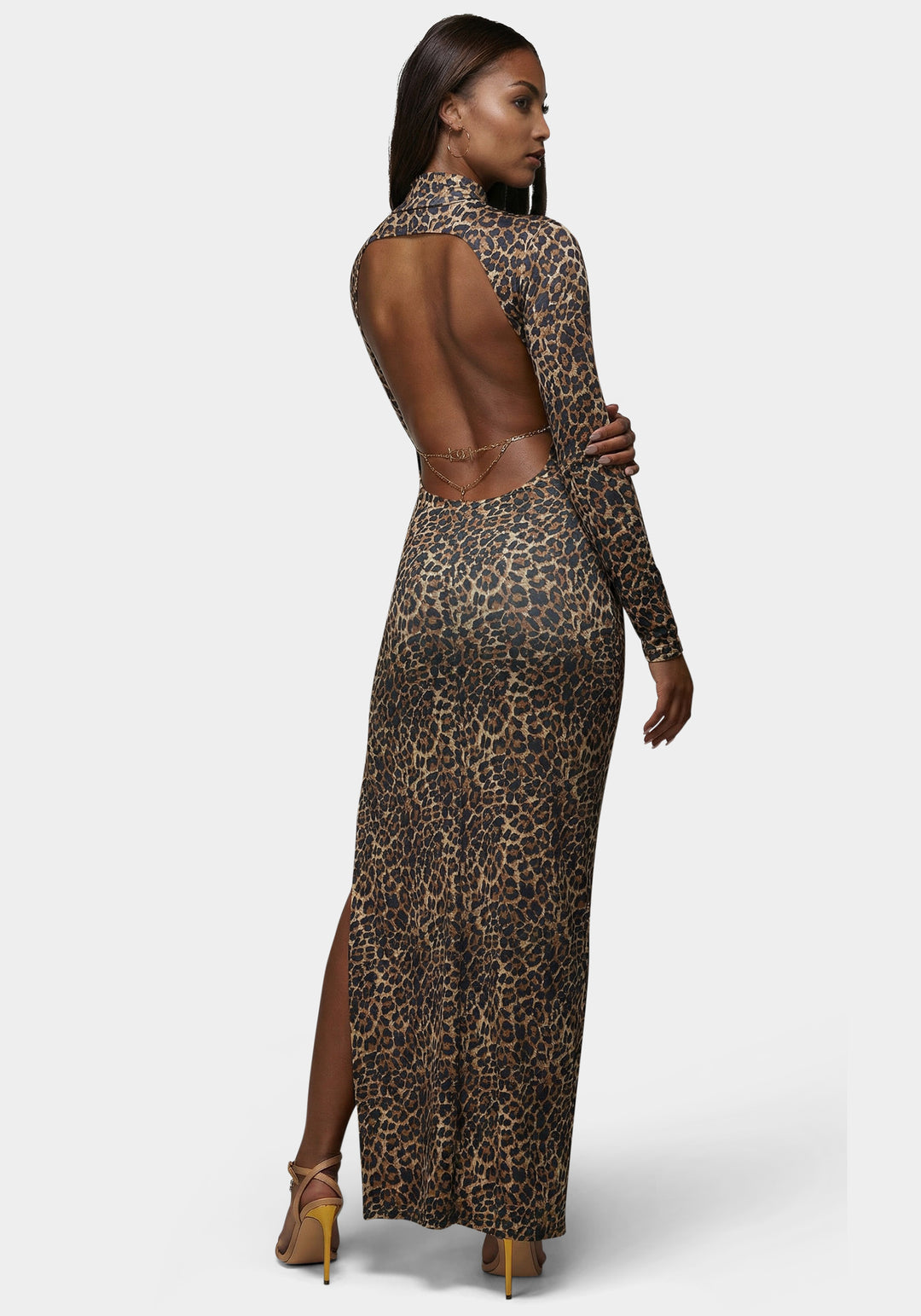 Front View-Open Back Chain Maxi Dress-Leopard