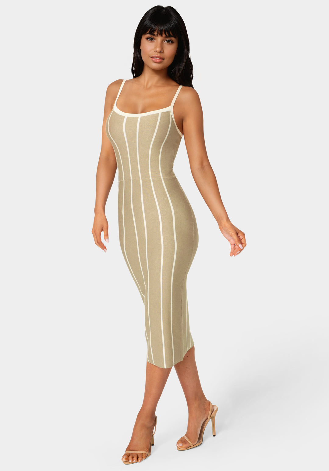 Side View-Striple Knit Bodycon Midi Dress-Sand/White