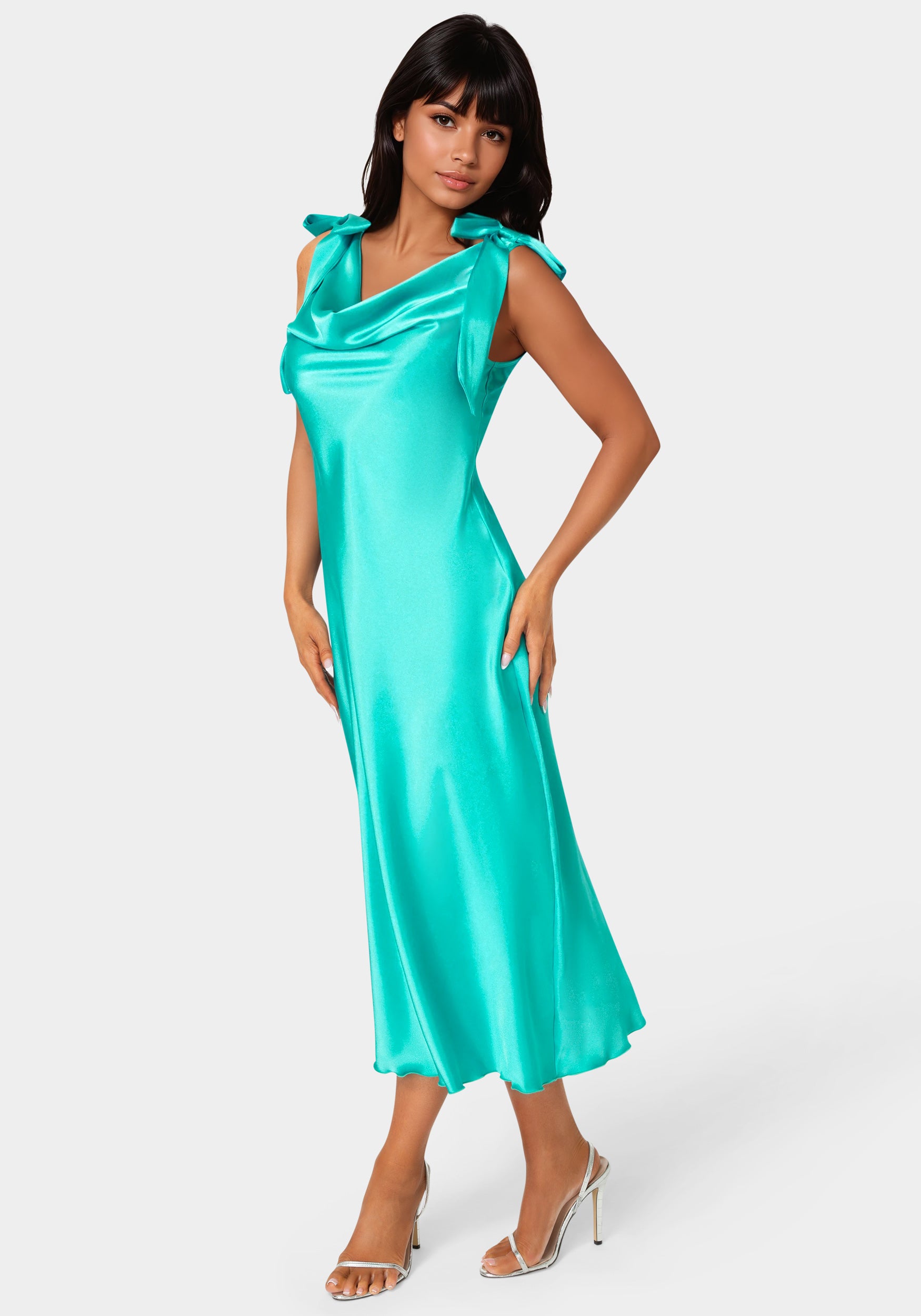 sleeveless satin midi slip dress Dark Olive Warehouse Petite Satin Tie Bust Seam Strappy Midi Slip Dress