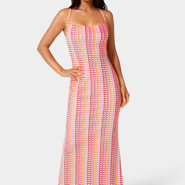 Front View-Printed Bodycon Maxi Dress-White Multi