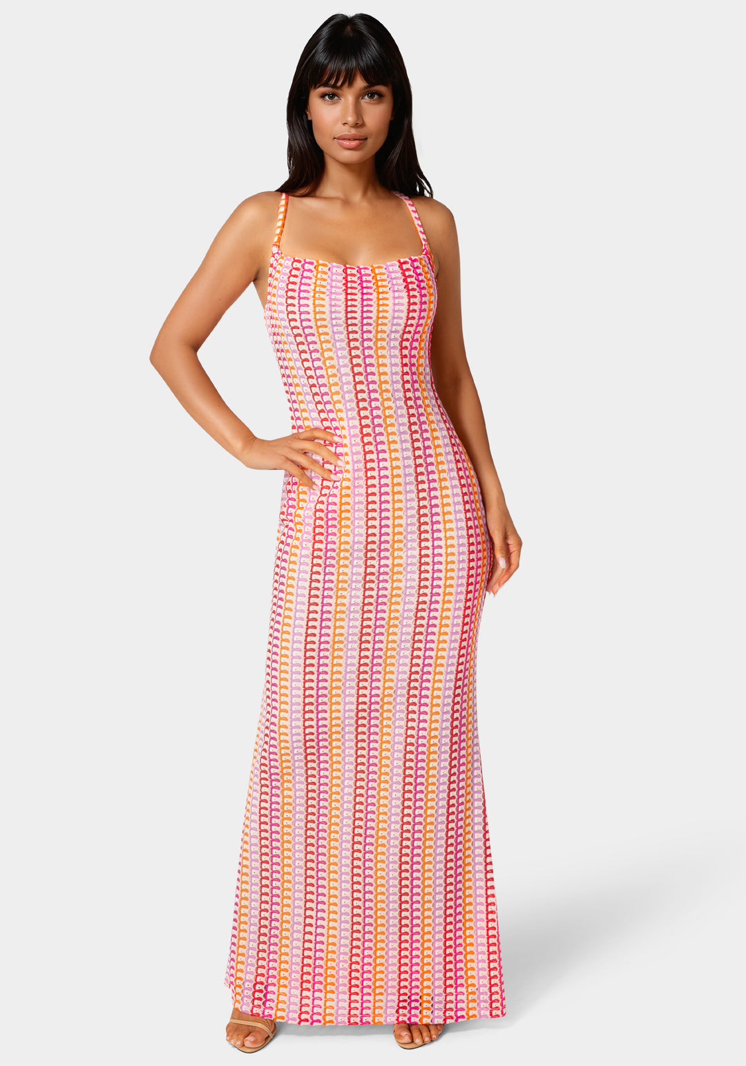 Front View-Printed Bodycon Maxi Dress-White Multi