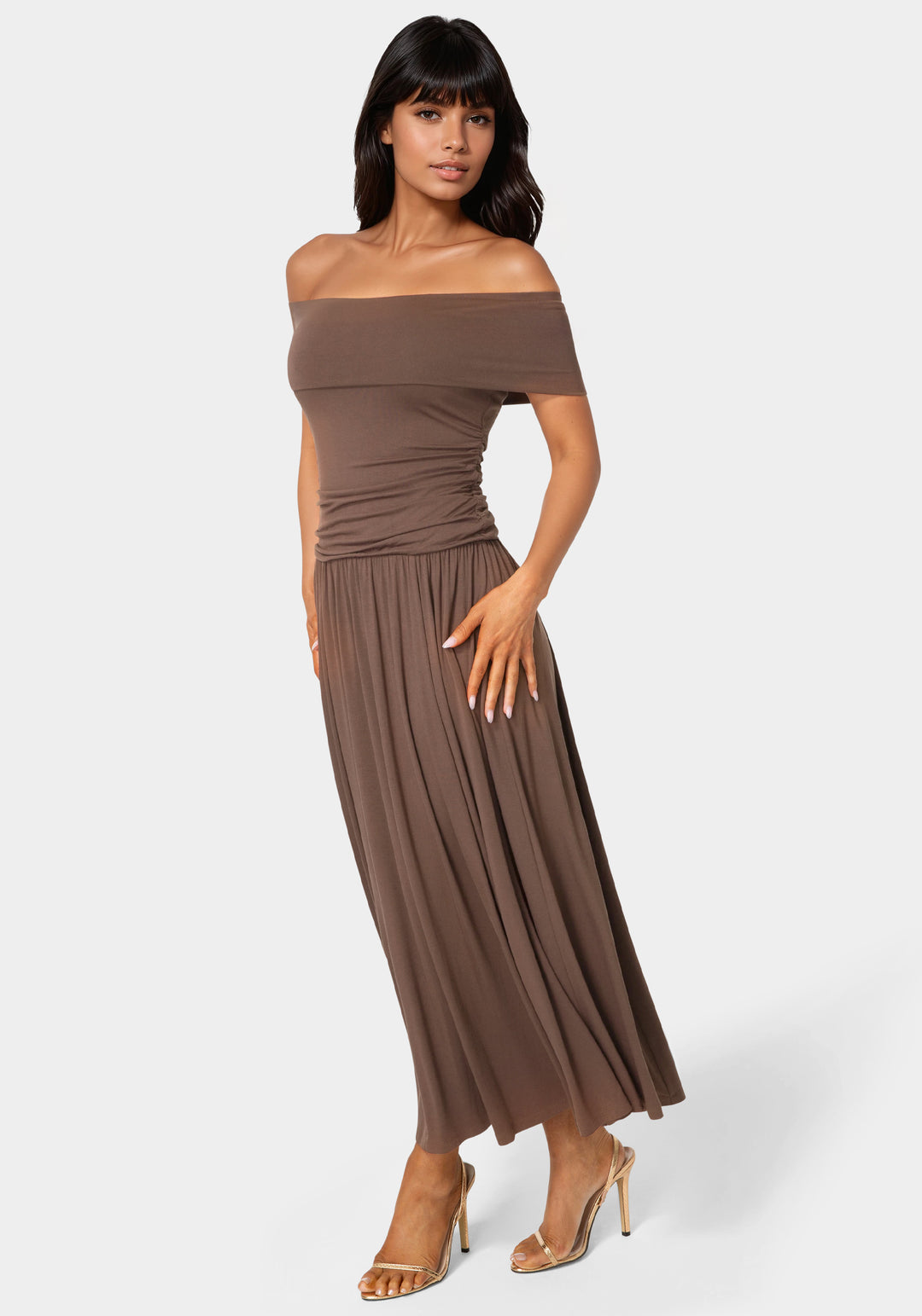 Side View-Off the Shoulder Drop Waist Maxi Dress-Chocolate