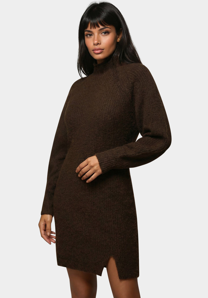 Side View-Oversized Sweater Dress-Chocolate