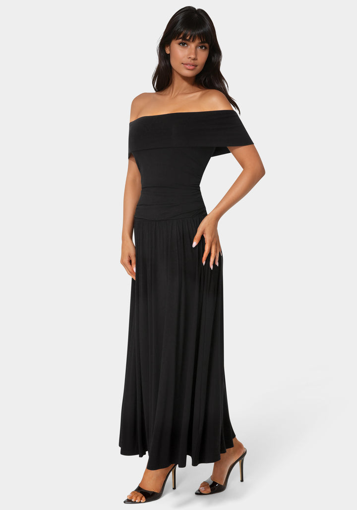 Side View-Off the Shoulder Drop Waist Maxi Dress-Black