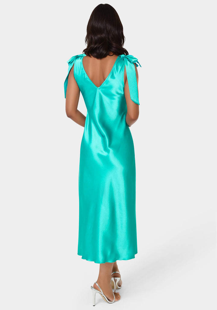 Back View-Bow Strap Satin Midi Dress-EMERALD