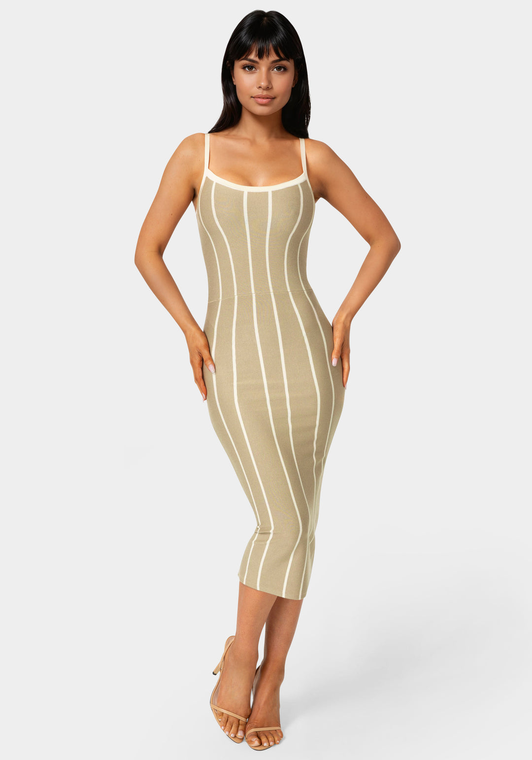 Front View-Striple Knit Bodycon Midi Dress-Sand/White