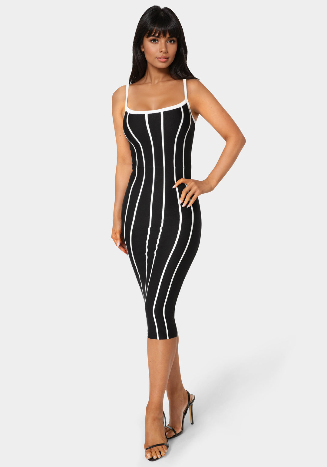Front View-Striple Knit Bodycon Midi Dress-Black/White