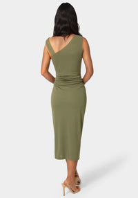 Back View-One Shoulder Trim Strap Midi Dress-Olive
