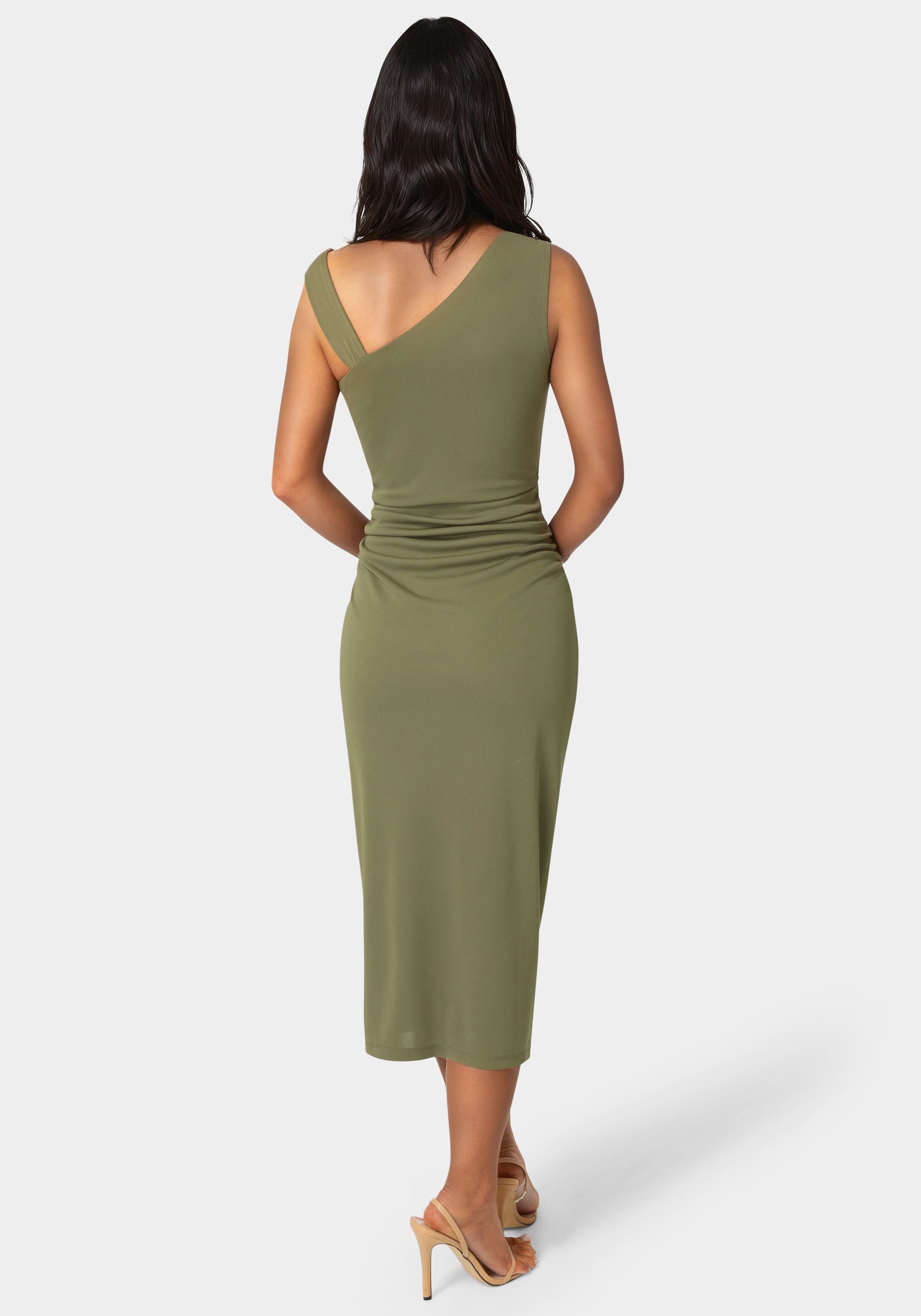 Back View-One Shoulder Trim Strap Midi Dress-Olive