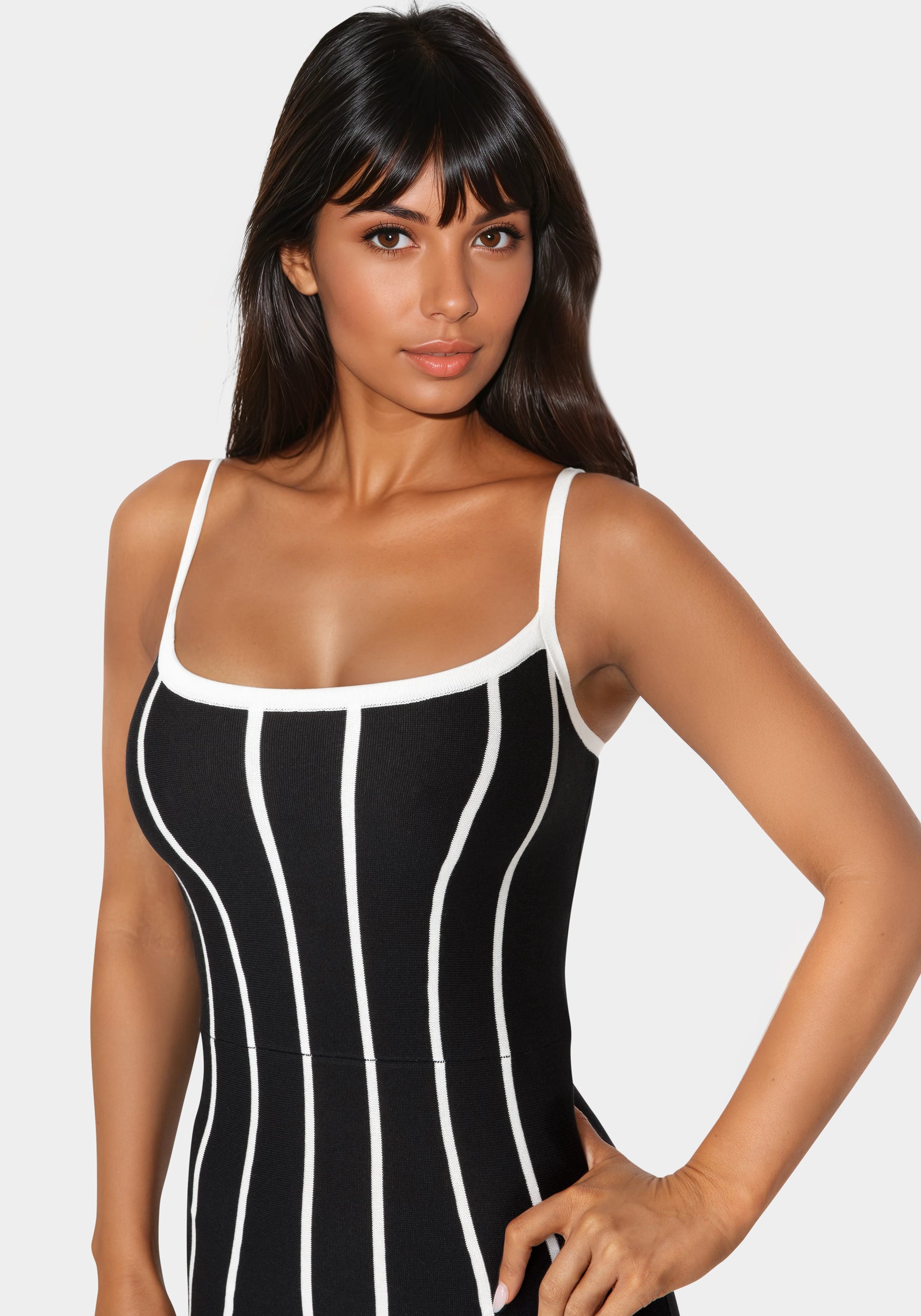 Other View-Striple Knit Bodycon Midi Dress-Black/White