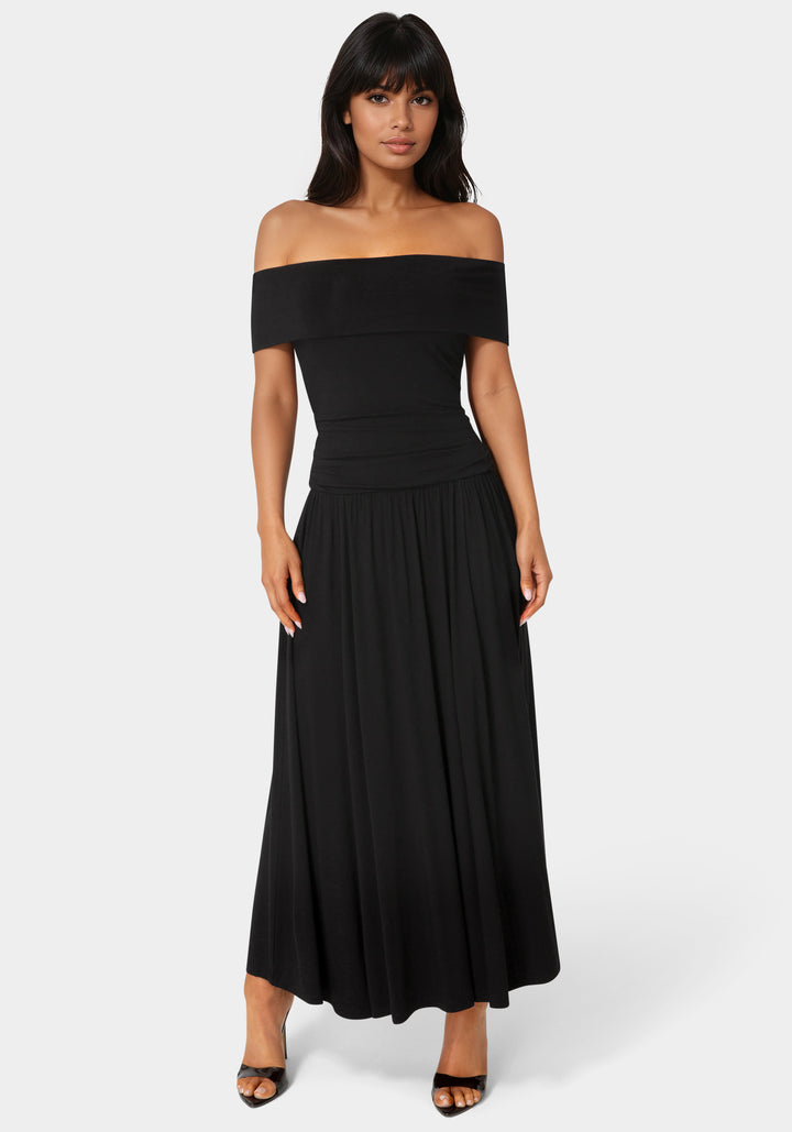 Front View-Off the Shoulder Drop Waist Maxi Dress-Black