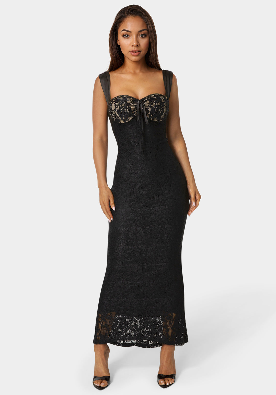 Front View-Lace Bustier Midi Dress-Black/Nude