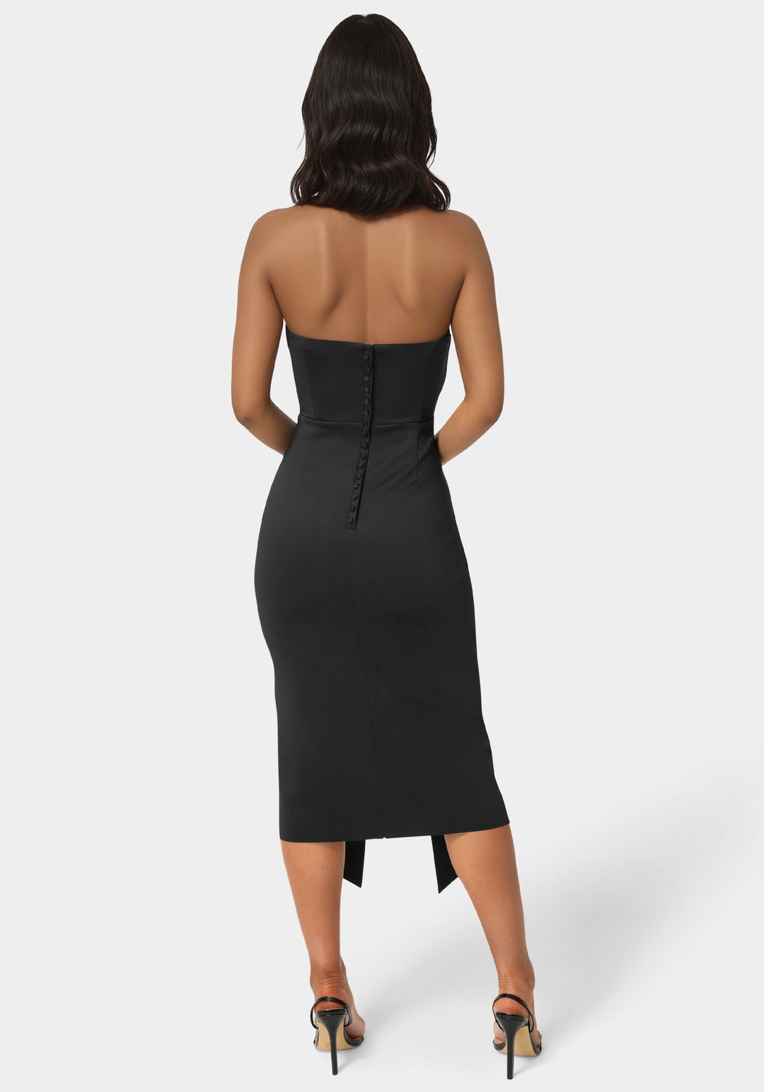Back View-Strapless Cascade Midi Dress-Black